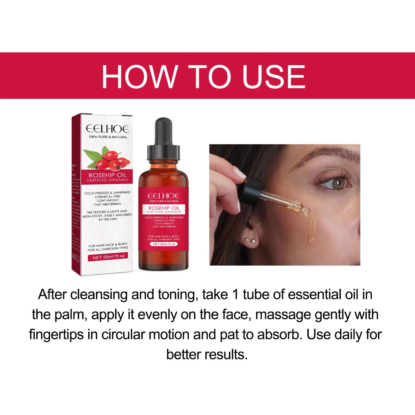 EELHOE Rosehip Facial Essential Oil Fade Fine Line Lifting Firming Repair Smooth Moisturizing Whitening Nourishing Skincare Oil